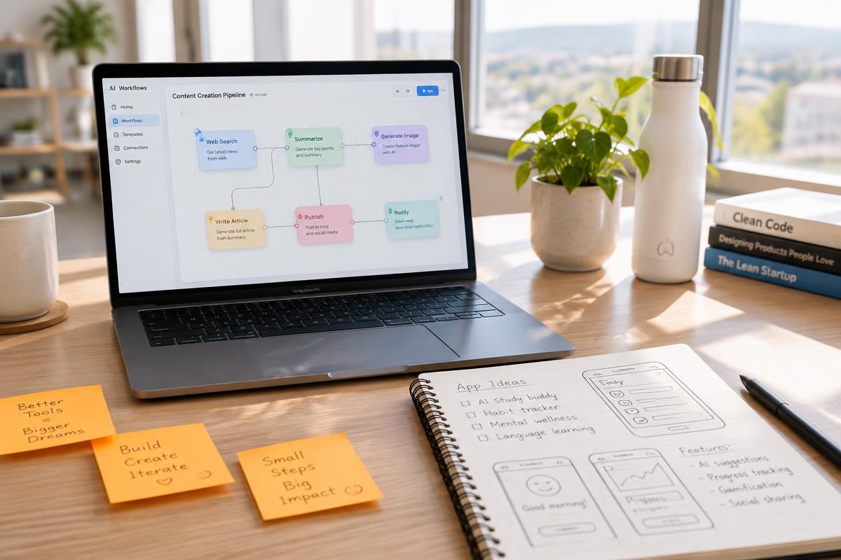 Laptop with an AI workflow diagram beside a notebook of app sketches